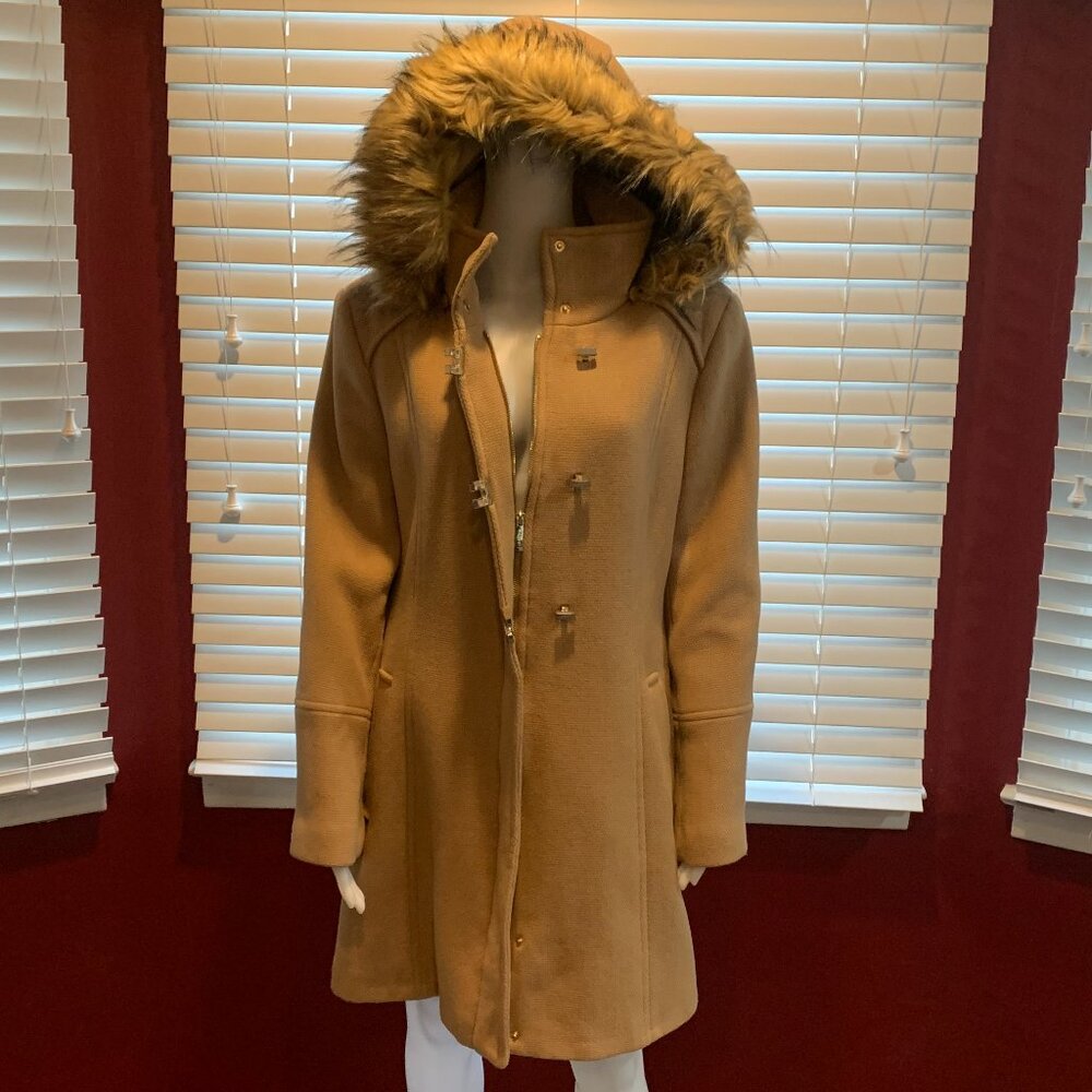 Woman’s Calvin Klein XL Tan Removable Faux Fur Hooded Wool Blend Coat - Picture 2 of 12